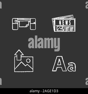 La stampa di chalk set di icone. Polygraphy e la tipografia. Stampante di grande formato, quotidiano, il caricamento di immagini e font. Vettore isolato illustrazioni della lavagna Illustrazione Vettoriale