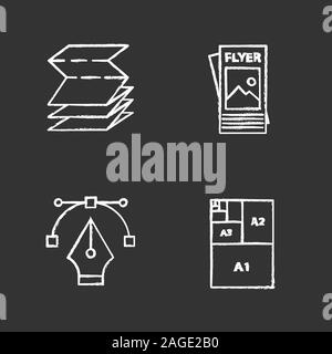 La stampa di chalk set di icone. Polygraphy e la tipografia. Opuscolo piegato, flyer, fountain pen pennino, formati di carta. Vettore isolato illustrazioni della lavagna Illustrazione Vettoriale