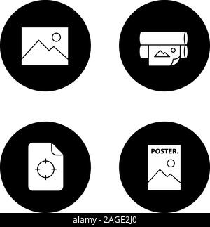 Glifo Stampa set di icone. Polygraphy e la tipografia. Immagine digitale, offset stampante, la stampa contrassegno di registrazione, poster. Vettore sagome bianche illus Illustrazione Vettoriale