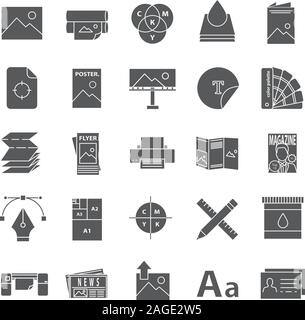 Glifo Stampa set di icone. Polygraphy e la tipografia. Poster, volantini, brochure, libretti di modelli. Simboli di Silhouette. Vettore illustrazione isolato Illustrazione Vettoriale
