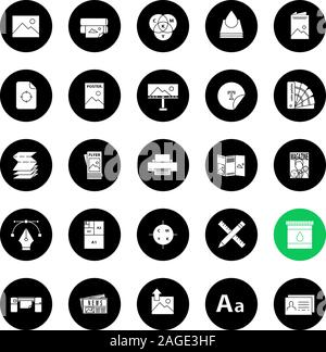 Glifo Stampa set di icone. Polygraphy e la tipografia. Poster, volantini, brochure, libretti di modelli. Vettore silhouette bianca illustrazioni in nero c Illustrazione Vettoriale