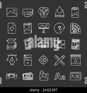 La stampa di chalk set di icone. Polygraphy e la tipografia. Poster, volantini, brochure, libretti di modelli. Vettore isolato illustrazioni della lavagna Illustrazione Vettoriale