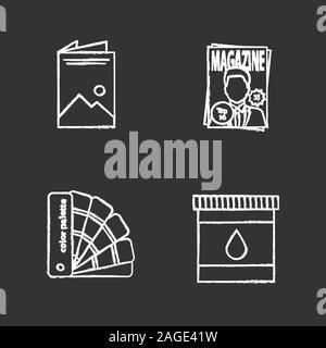 La stampa di chalk set di icone. Polygraphy e la tipografia. Brochure, cartuccia inchiostro, tavolozza colori guida, rivista. Vettore isolato illustrazioni della lavagna Illustrazione Vettoriale