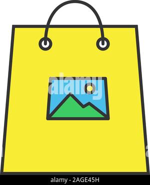 Stampa su borse per lo shopping a colori con icone. Isolato illustrazione vettoriale Illustrazione Vettoriale