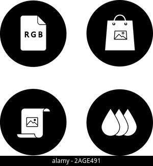 Glifo Stampa set di icone. Polygraphy e la tipografia. Modello di colore RGB, stampa su borse per lo shopping, carta con immagine, cartuccia di gocce di inchiostro. Vettore s bianco Illustrazione Vettoriale