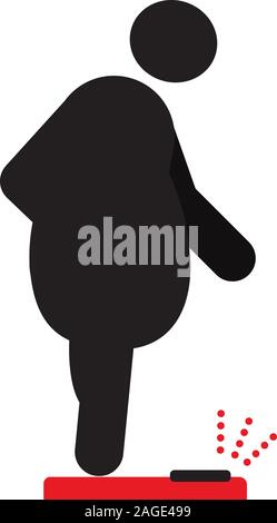 Fat Man in piedi sul pavimento scale icona silhouette. Obesità e sovrappeso. La pesatura. Isolato illustrazione vettoriale Illustrazione Vettoriale