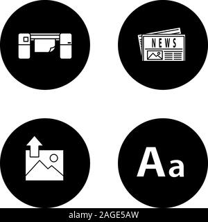 Glifo Stampa set di icone. Polygraphy e la tipografia. Stampante di grande formato, quotidiano, il caricamento di immagini e font. Vettore silhouette bianca illustrazioni Illustrazione Vettoriale