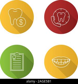 Odontoiatria lineare piana lunga ombra set di icone. Stomatologia. Servizio dentale prezzi, chiamando al dentista denti report diagnostico, uno splendido sorriso. Vettore Illustrazione Vettoriale