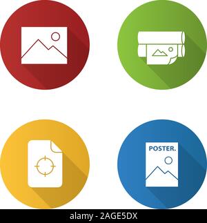 Stampa design piatto lungo ombra glifo set di icone. Polygraphy e la tipografia. Immagine digitale, offset stampante, la stampa contrassegno di registrazione, poster. Vettore Illustrazione Vettoriale