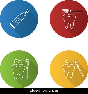 Odontoiatria lineare piana lunga ombra set di icone. Stomatologia. Il dentifricio e corretto di spazzolamento dei denti. Vettore illustrazione di contorno Illustrazione Vettoriale
