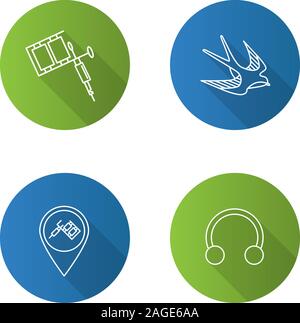 Per il Tattoo Studio lineare piana lunga ombra set di icone. Servizio di perforazione. Tattoo Machine, swallow sketch, studio ubicazione, metà hoop orecchini. Profilo del vettore Illustrazione Vettoriale