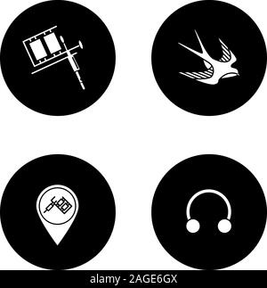 Tattoo studio glifo set di icone. Servizio di perforazione. Tattoo Machine, swallow sketch, studio ubicazione, metà hoop orecchini. Vettore sagome bianche illustra Illustrazione Vettoriale