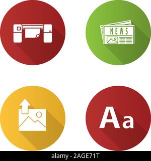Stampa design piatto lungo ombra glifo set di icone. Polygraphy e la tipografia. Stampante di grande formato, quotidiano, il caricamento di immagini e font. Silhouette di vettore Illustrazione Vettoriale