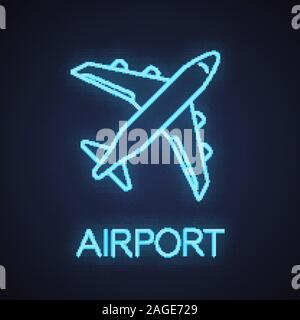 Aeroplano di luce al neon icona. Aereo di linea. Piano. Aeroporto di segno incandescente. Vettore illustrazione isolato Illustrazione Vettoriale