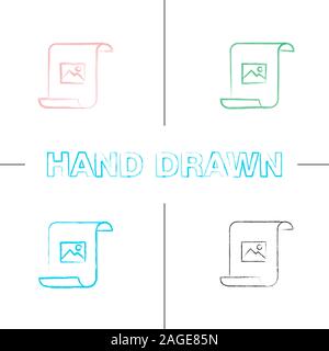 Scorrimento della carta con l'immagine disegnata a mano set di icone. La stampa. Colore tratto di pennello. Vettore isolato sketchy illustrazioni Illustrazione Vettoriale