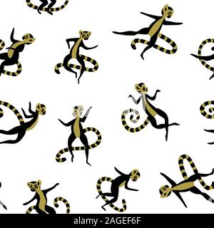 Modello senza cuciture con Cartoon carino lemuri. Nero e oro oggetti isolati su sfondo bianco. Illustrazione Vettoriale. Illustrazione Vettoriale