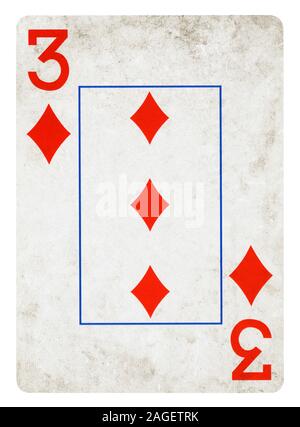 Tre di Diamante carta da gioco - isolato su bianco (percorso di clipping incluso) Foto Stock