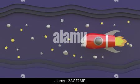 Il rendering 3D, 3D illustratori, cartoon red astronavi nello spazio al di sopra delle stelle e meteore. Foto Stock