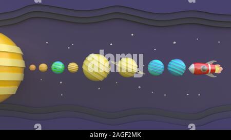 Il rendering 3D 3d illustrator, rosso astronave, cartoon nello spazio con i pianeti e meteore Foto Stock