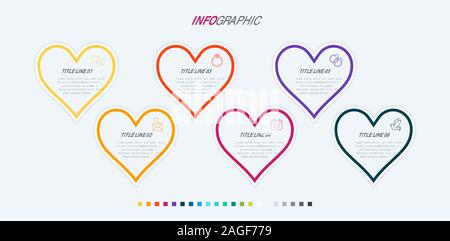 Modello infografico. 6 cuori design con bellissimi colori. Vettore di elementi di sequenza temporale per le presentazioni. Calda tavolozza. Illustrazione Vettoriale