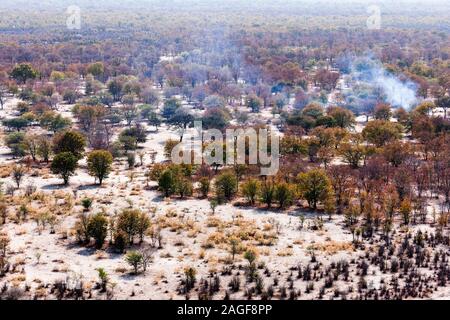 Bush e area desertica vicino a Maun, vista aerea di Okavango Delta, in elicottero, Botswana, Africa Foto Stock