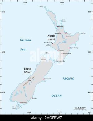 Mappa semplice della Nuova Zelanda con gradi di longitudine e latitudine Illustrazione Vettoriale