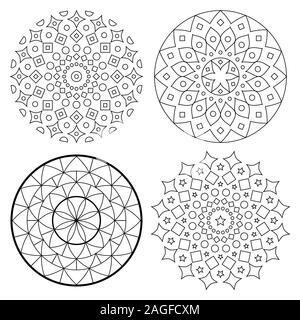 Vettore Mandala pattern impostato con corsa, bohemian zen design di yoga, Asian design etnico in bianco e nero - perfetto per adulti libri da colorare Illustrazione Vettoriale