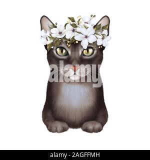 Gatto nero con fiori di colore bianco Foto Stock