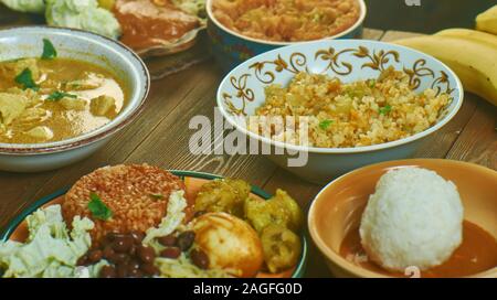 La cucina del Ghana, Tradizionale assortimento di piatti africani, vista dall'alto. Foto Stock