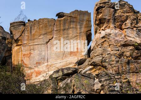 Colline di Tsodilo, pitture rupestri di animali, Louvre del deserto, colline isolate nel deserto di kalahari, Botswana, Africa Meridionale, Africa Foto Stock