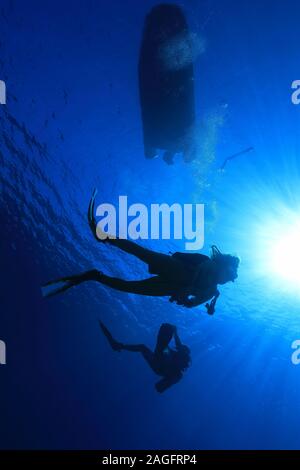 Subacquei sul fermo di sicurezza con bouy sott'acqua nell'oceano Foto Stock