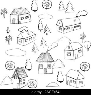 Vettore case e alberi disegnare a mano impostare isolato Illustrazione Vettoriale