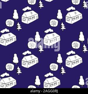 Modello di disegnare a mano case e alberi blu colore bianco Illustrazione Vettoriale