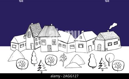 Vettore case e alberi disegnare a mano blu colore bianco Illustrazione Vettoriale