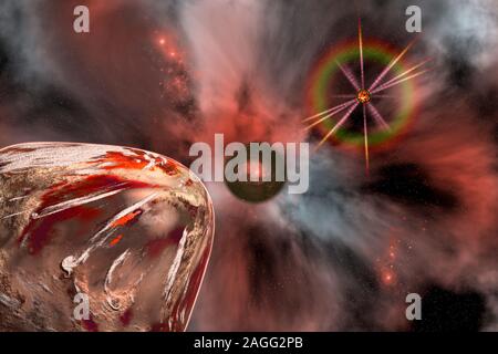 Un pianeta di essere risucchiato in un buco nero. Foto Stock