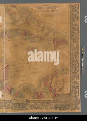 Sollievo mostrato da hachures. Primo meridiani: Washington e Greenwich. Mostra America del nord dalla U.S. - I confini del Canada alla punta nord del Sud America, Include Antille maggiori. Include le note, tabella delle distanze, tabella statistica dal censimento del 1850, elenco delle autorità utilizzato nella compilazione della mappa e incisi viste delle 9 città negli Stati Uniti. Finestra Mappa: Johnson mappa del mondo sulla proiezione di Mercatore la proiezione. Scala circa 1:3,072,000 (W 127°35ʹ00ʺ--W 59°46ʹ00ʺ/N 49°57ʹ00ʺ--N 6°36ʹ00ʺ) La mappatura della nazione (borsa di NEH, 2015-2018); Johnson è di nuovo illustrato & abbellito county map Foto Stock