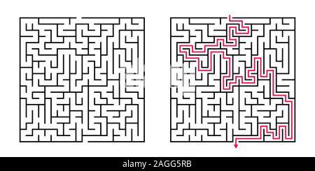 Piazza del vettore Maze - labirinto con inclusa soluzione in bianco e nero e rosso. Educativo divertente gioco di mente per il coordinamento, la soluzione dei problemi e il processo decisionale Illustrazione Vettoriale