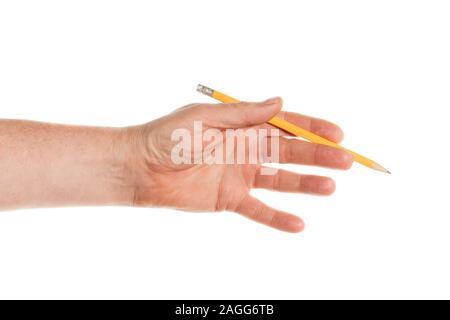 Mano che tiene una matita isolati su sfondo bianco Foto Stock