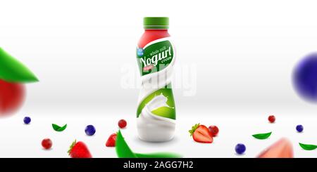 Yogurt di mirtillo palustre packaging design su sfondo lucido illustrazione vettoriale per latte o yogurt branding del prodotto o il design della pubblicità Foto Stock