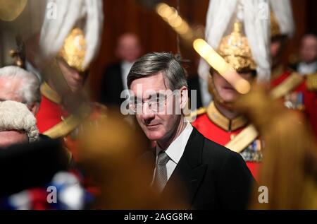 Leader della House of Commons, Jacob Rees-Mogg, lascia dopo lo stato di apertura del Parlamento dalla Regina Elisabetta II, la House of Lords presso il Palazzo di Westminster a Londra. Foto Stock