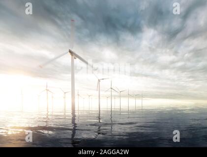 Sulle turbine eoliche offshore con tramonto cielo tempestoso in background. Il rendering 3d. Foto Stock