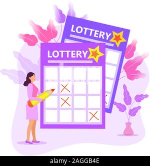 Ragazza di leader i numeri delle note, lotteria lotto lotteria Keno,. Illustrazione moderno in stile appartamento. Una donna con una matita che scrive su un biglietto. Vettore Illustrazione Vettoriale