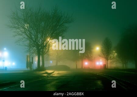 Un misterioso moody street con alberi stagliano contro le luci di strada su una nebbia inverni atmosferica notte Foto Stock