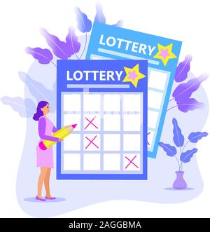 Ragazza di leader i numeri delle note, lotteria lotto lotteria Keno,. Illustrazione moderno in stile appartamento. Una donna con una matita che scrive su un biglietto. Vettore Illustrazione Vettoriale