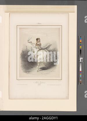 Litografia da E. Desmaisons dopo Guérard. A tutta lunghezza a sinistra, guardando a destra, sulla punta del piede destro e la gamba sinistra estesa a destra nel retro, entrambi i bracci a sinistra, bianco e oro abito, tenendo un bianco scialle, gioielli in oro, boccole e edifici orientali in background. Pubblicato a Parigi da J. Bulla et F. Delarue. Acquistato con i fondi del Comitato per la Jerome Robbins Divisione Danza.; L'Opéra. Melle Taglioni. La bayadère Foto Stock