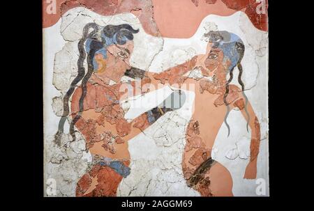 Minoan 'Boxe bambini' affresco dipinto da Akrotiri, Thira (Santorini). Nazionale Museo Archeologico di Atene artefatto. 17th-16th cent BC. Th Foto Stock