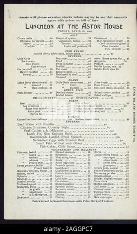 Un menu à la carte; INCLUDE UN PREZZO VINI E LIQUORI ELENCO; foto di hotel sul coperchio; Pranzo [detenute da] ASTOR HOUSE [A] (NEW YORK, NY?) (HOTEL;) Foto Stock