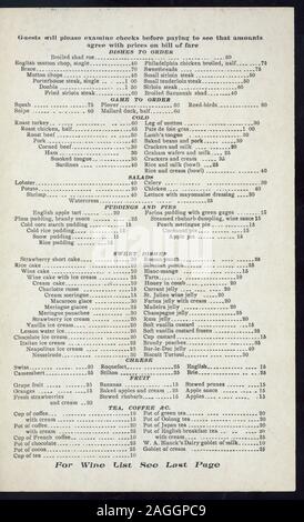 Un menu à la carte; INCLUDE UN PREZZO VINI E LIQUORI ELENCO; foto di hotel sul coperchio; Pranzo [detenute da] ASTOR HOUSE [A] (NEW YORK, NY?) (HOTEL;) Foto Stock