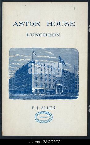 Un menu à la carte; INCLUDE UN PREZZO VINI E LIQUORI ELENCO; foto di hotel sul coperchio; Pranzo [detenute da] ASTOR HOUSE [A] (NEW YORK, NY?) (HOTEL;) Foto Stock