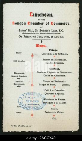 Vini; ROSSO E NERO STAMPA MENU; riconosce il tipo PERMESSO DEL VENERABILE COMPAGNIA DI SALTERS; piano salotto sul retro del menu; Pranzo [detenute da] CAMERA DI COMMERCIO DI LONDRA [at] SALTERS' HALL DI ST. SWITHIN'S LANE, E.C. [Londra, Inghilterra] (A); Foto Stock